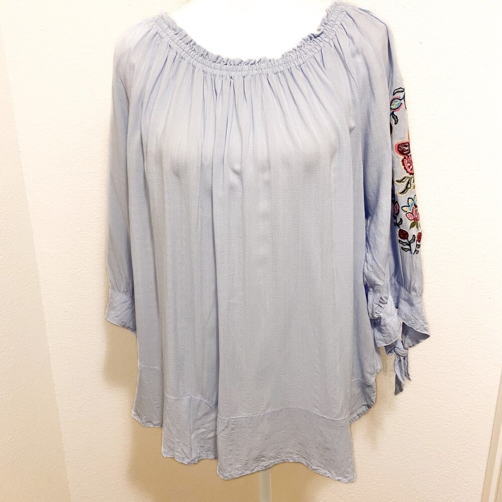 DEMOCRACY Light Blue 3/4 Embroidered Tie Sleeves BoHo Floral Size 1X